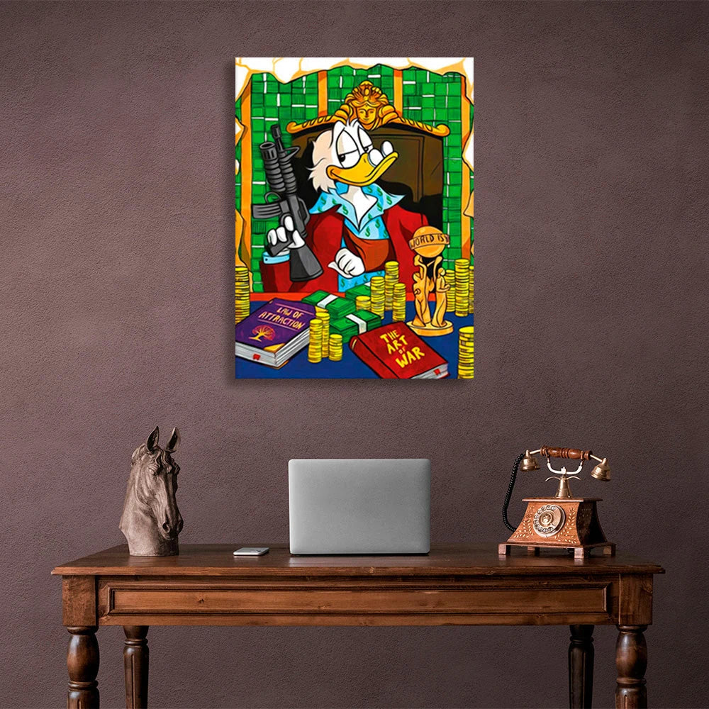 Dagobert Duck mit der Pistole auf dem Stuhl auf dem Geldtisch, inspirierender Kunstdruck auf Leinwand