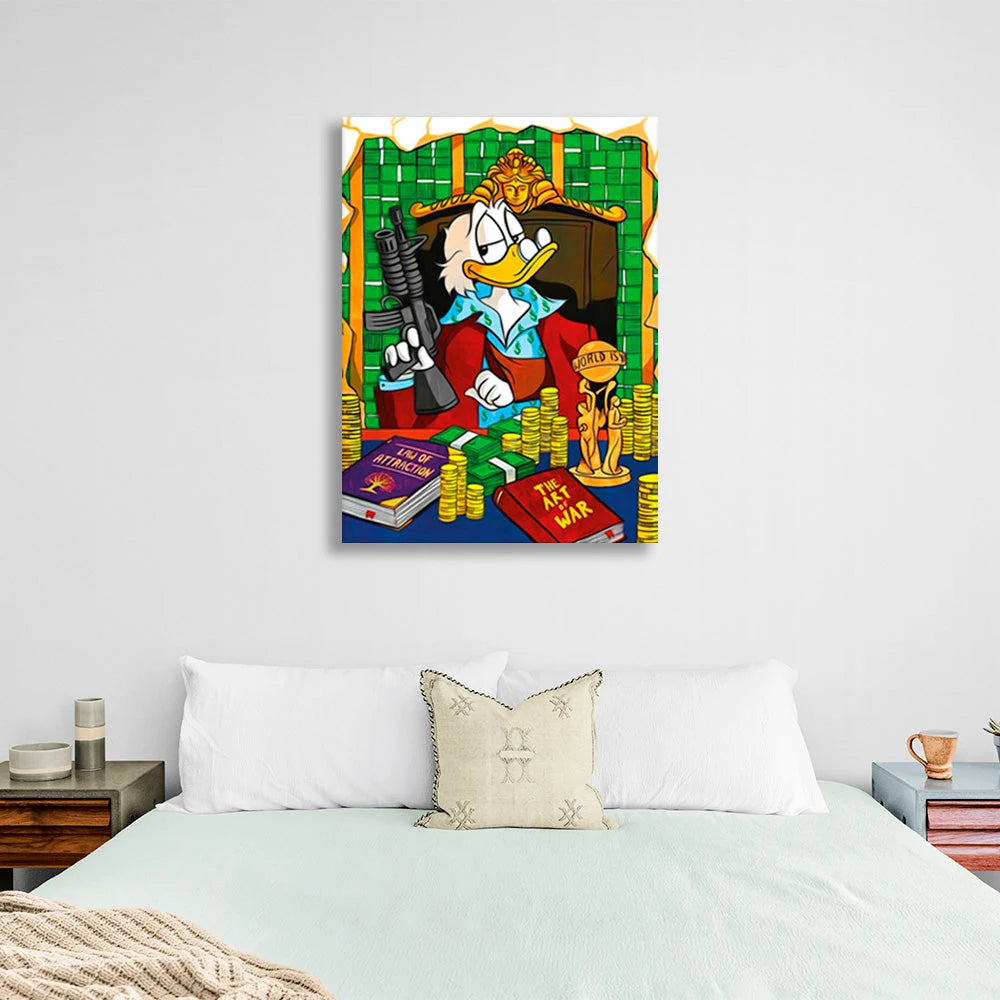 Dagobert Duck mit der Pistole auf dem Stuhl auf dem Geldtisch, inspirierender Kunstdruck auf Leinwand