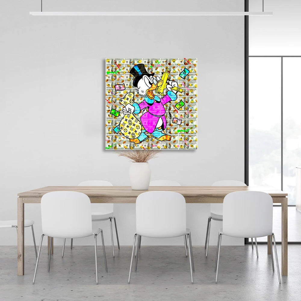Dagobert Duck mit einem Sack voll Geld und einer Pistole – Inspirierender Kunstdruck auf Leinwand