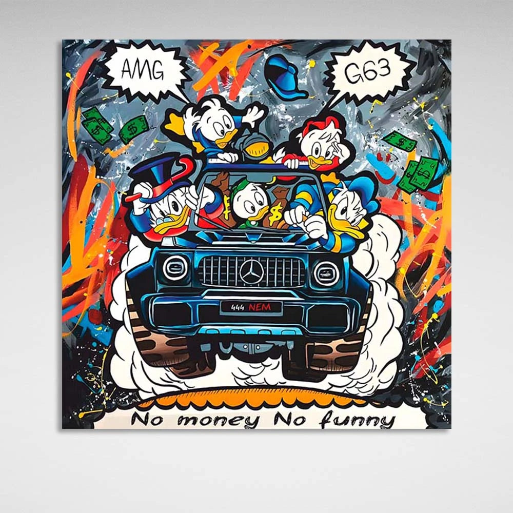 Inspirierender Kunstdruck auf Leinwand, Motiv „Scrooge on Mercedes“