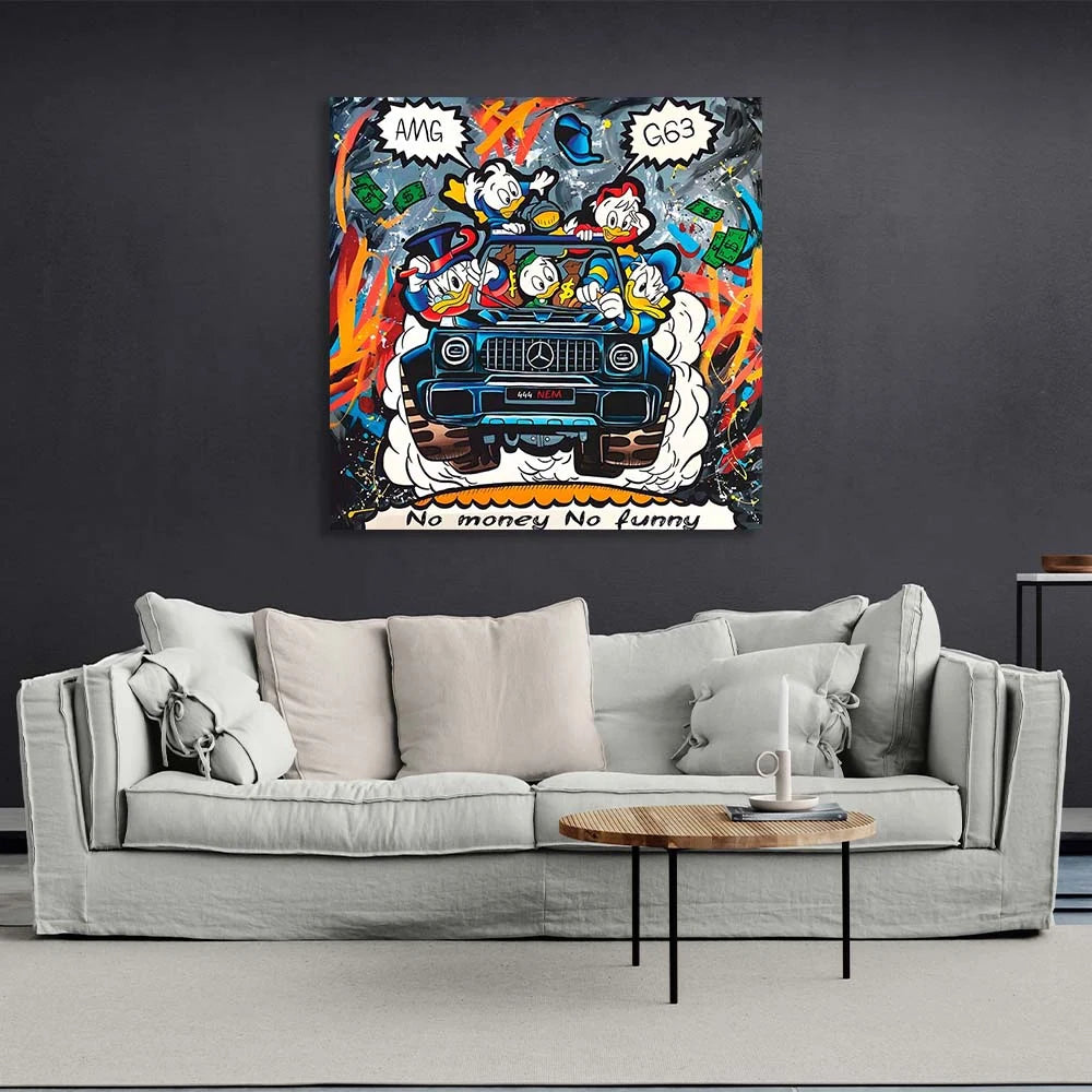 Inspirierender Kunstdruck auf Leinwand, Motiv „Scrooge on Mercedes“
