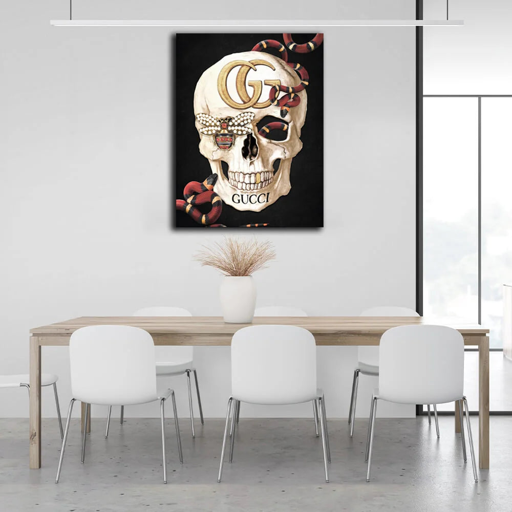 Kunstdruck auf Leinwand mit Totenkopf-Motiv, goldfarben
