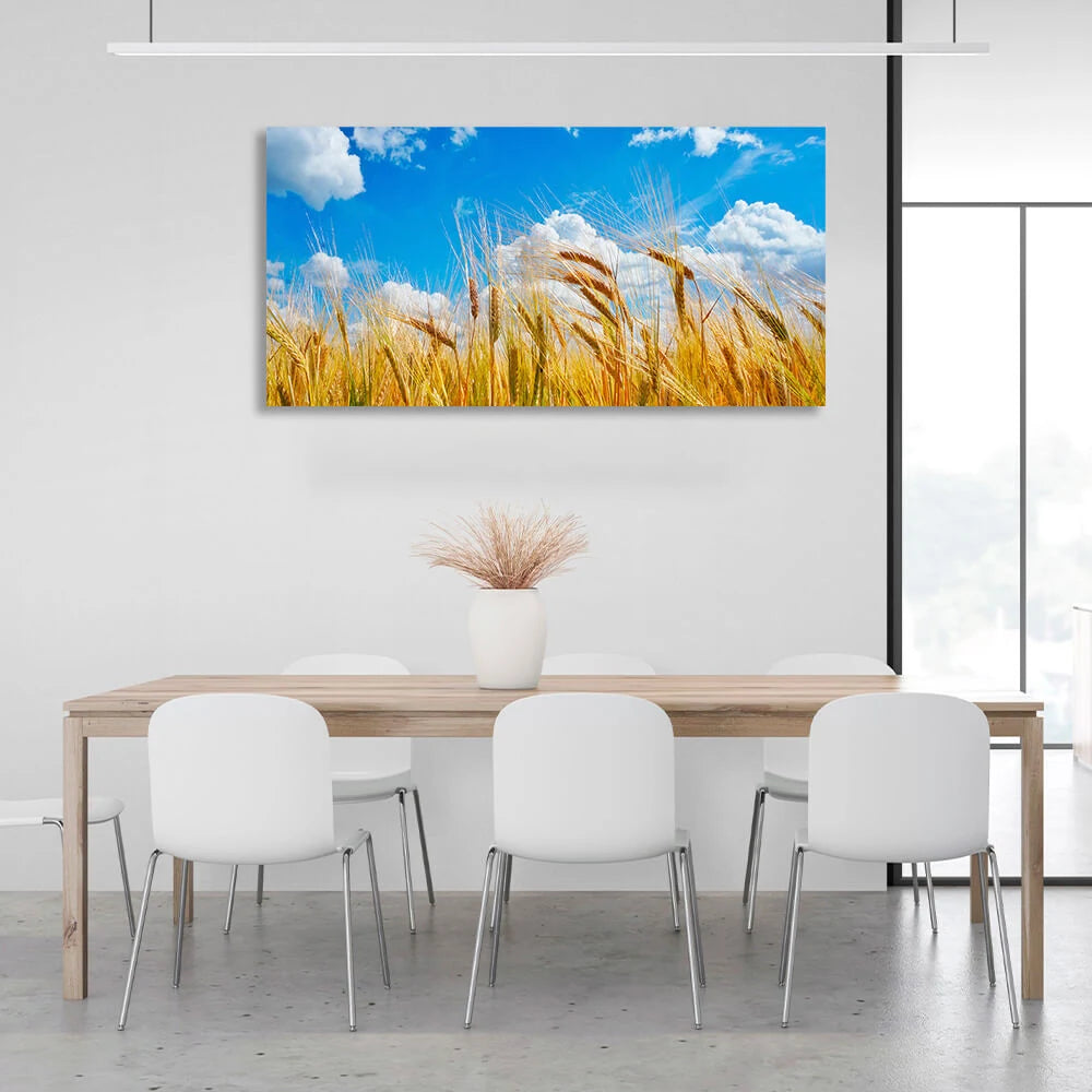 Kunstdruck auf Leinwand, Motiv: Weizenähren vor dem Hintergrund eines blauen Himmels mit Wolken