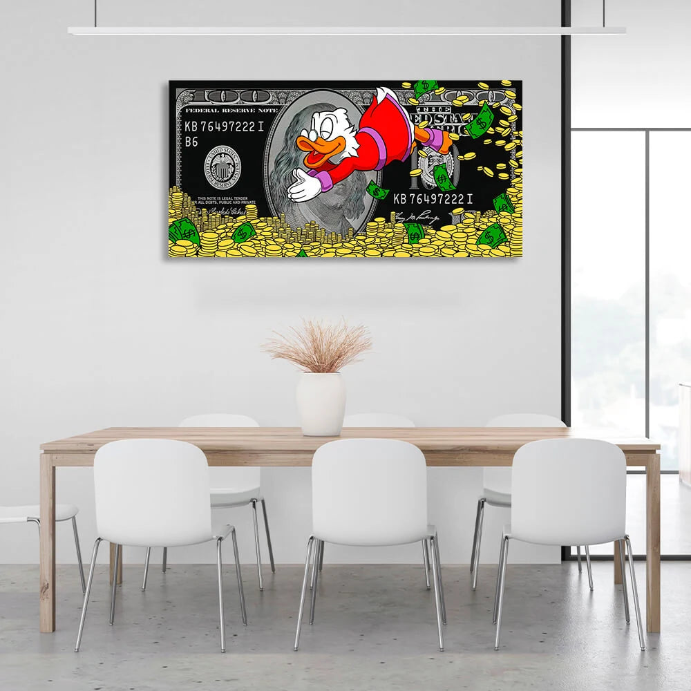 Skrooge taucht in den Gelddollar ein. Inspirierender Kunstdruck auf Leinwand.
