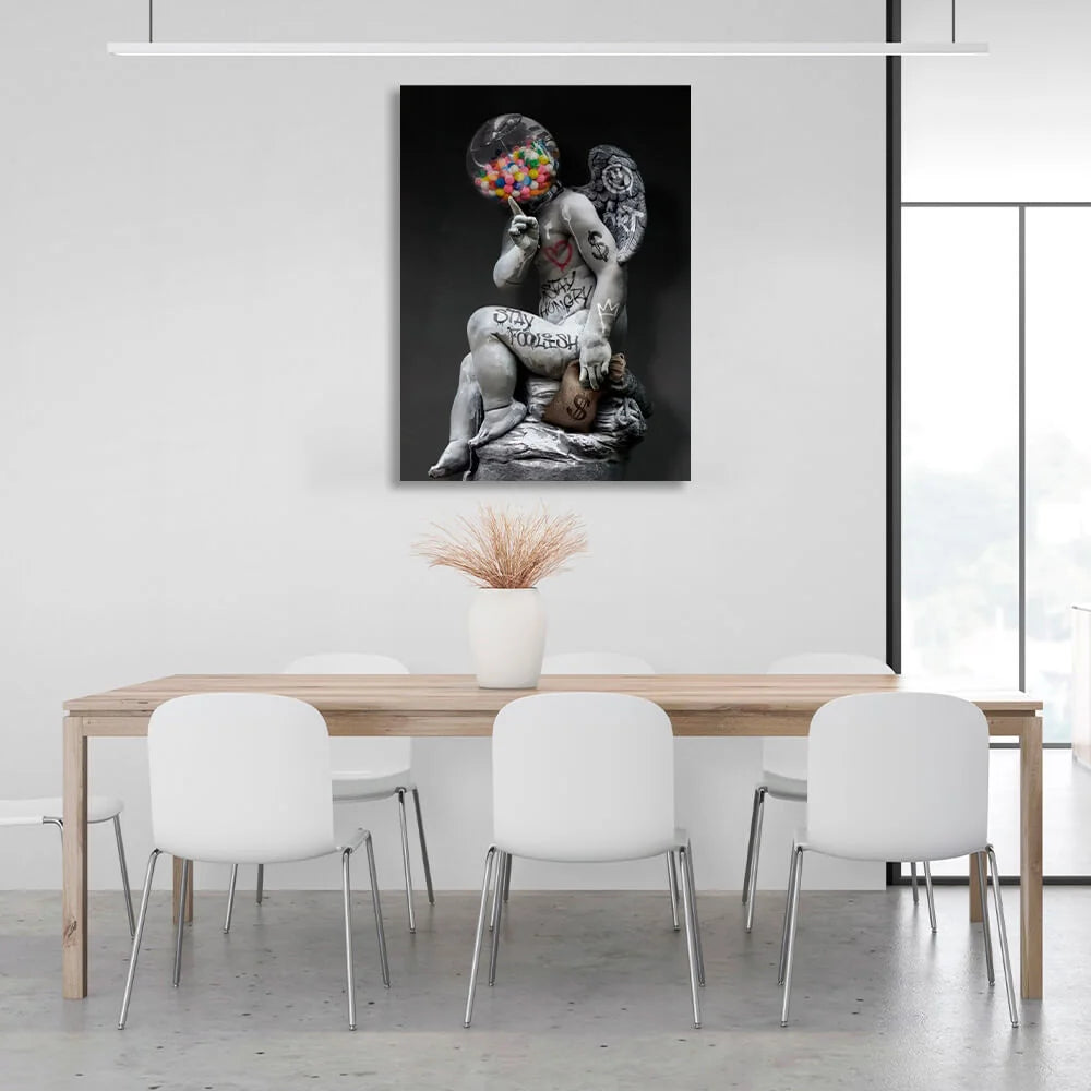 Statue eines Engelskopfes, Süßigkeiten-Graffiti und einer Tüte Geld, inspirierender Kunstdruck auf Leinwand.