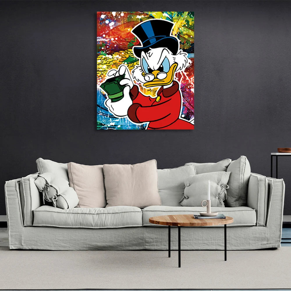 Sly Scrooge mit einem Bündel Dollar Inspirierender Kunstdruck auf Leinwand