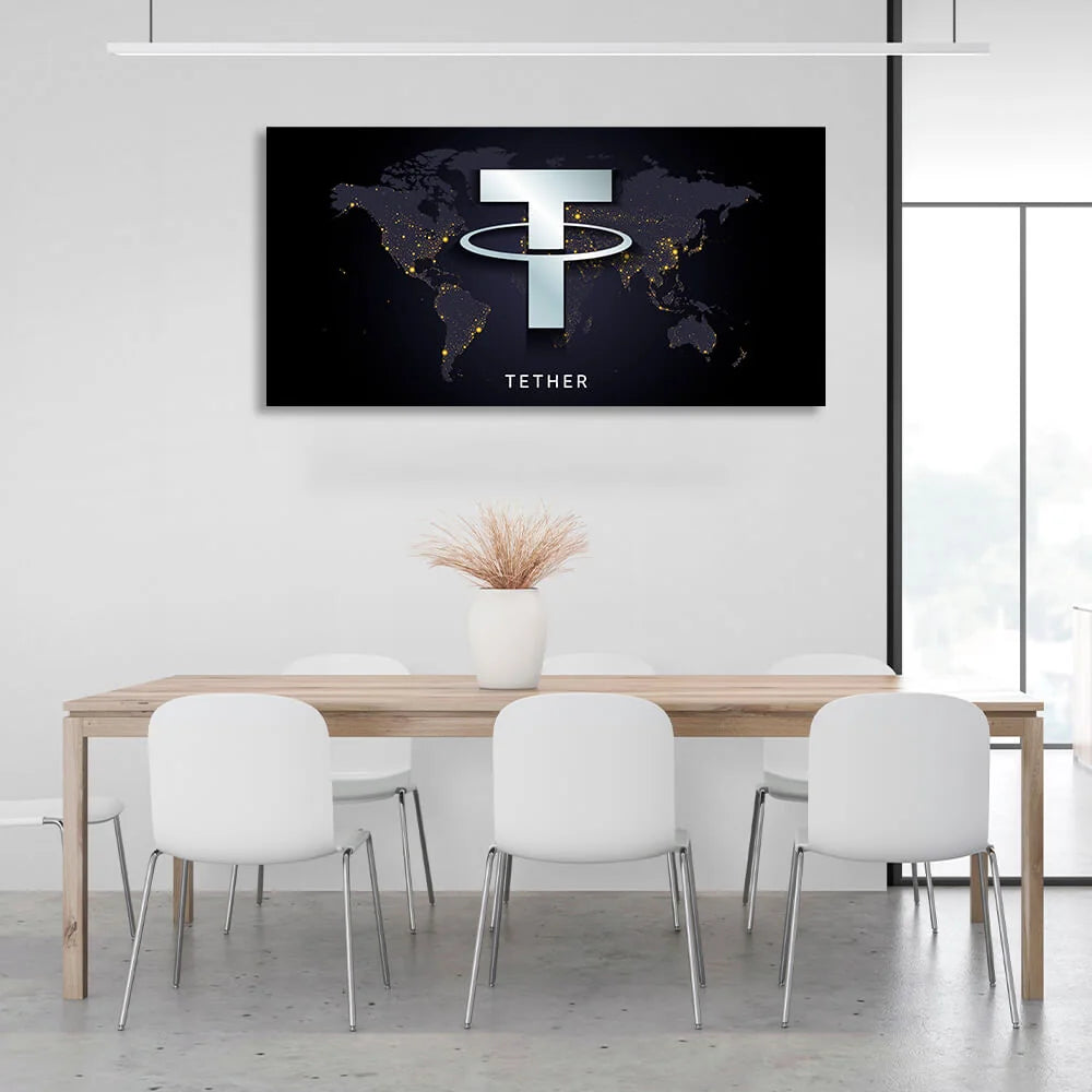 Tezer USDT-Logo auf dem Kartenhintergrund Inspirierender Leinwand-Kunstdruck