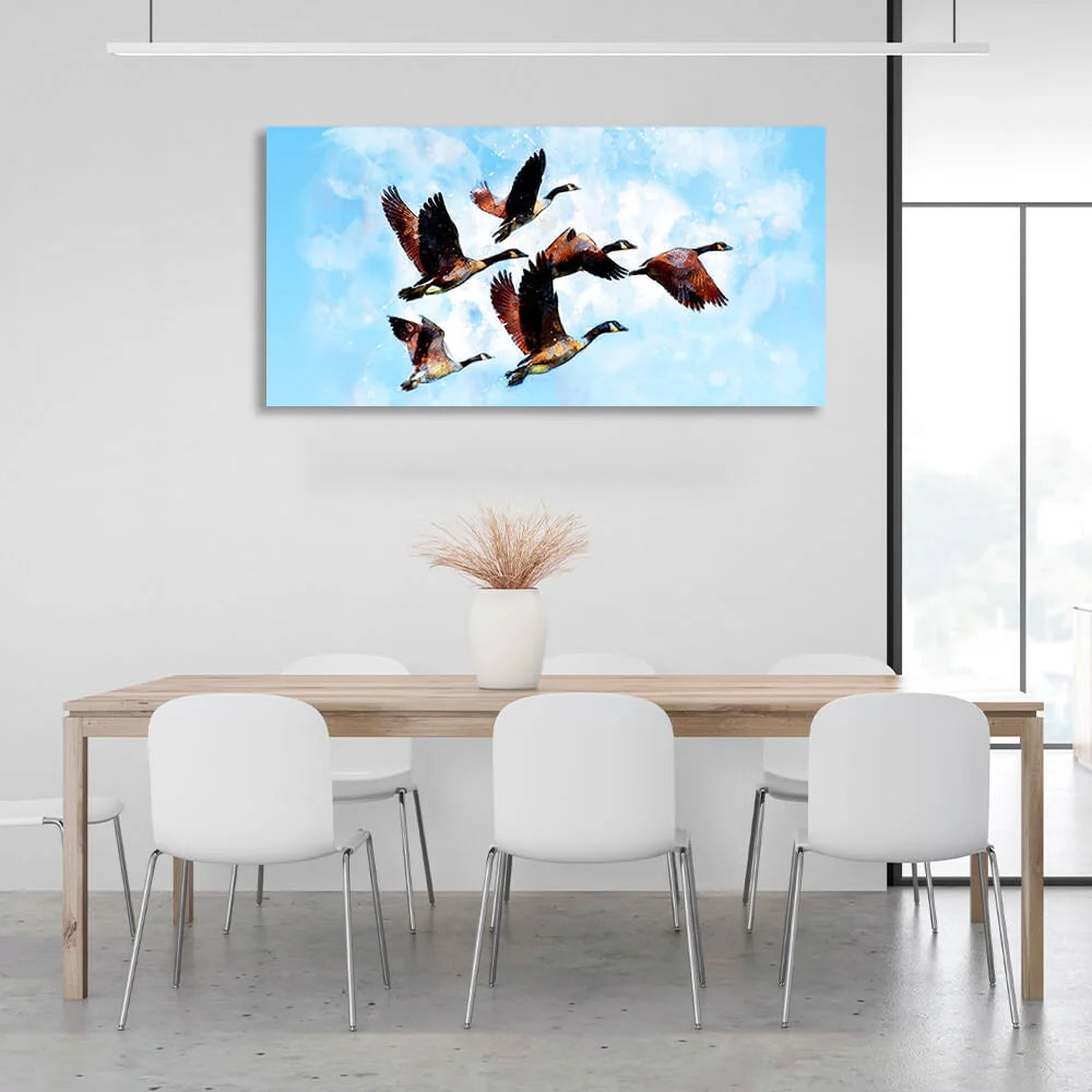 Kunstdruck auf Leinwand, Motiv: Storchenfamilie mit 6 Vögeln am Himmel