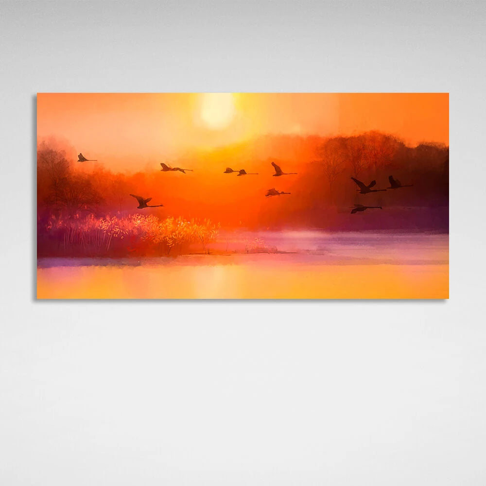 Kunstdruck auf Leinwand „Störche am Himmel bei Sonnenuntergang“
