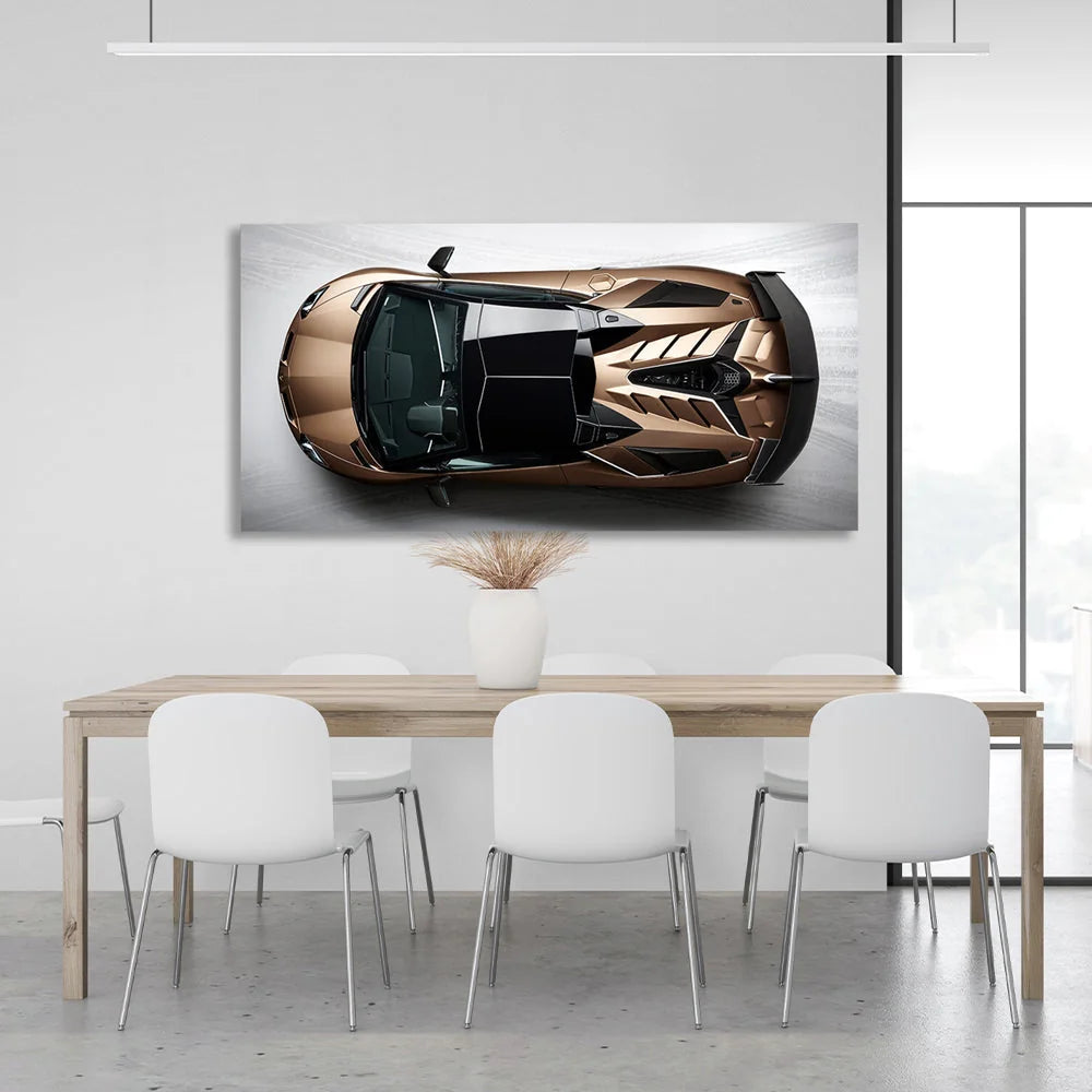 Das Auto ist ein brauner Lamborghini-Kunstdruck auf Leinwand.