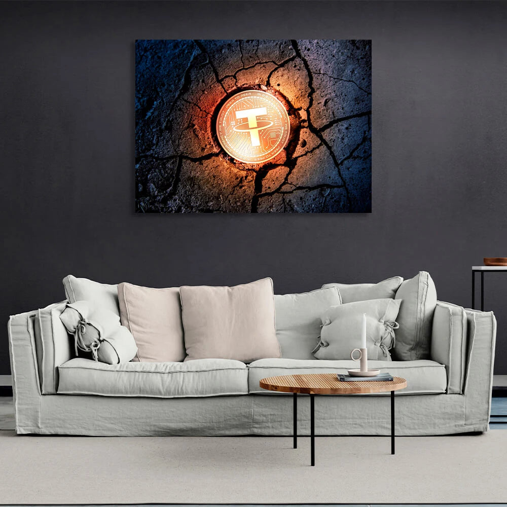 Tether USDT Goldmünze auf dem Boden Inspirierender Leinwand-Kunstdruck