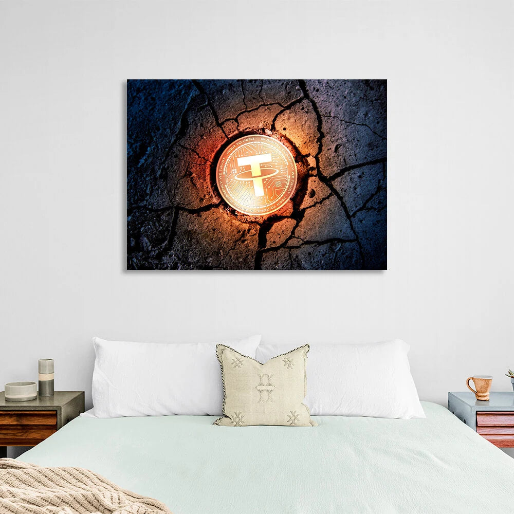 Tether USDT Goldmünze auf dem Boden Inspirierender Leinwand-Kunstdruck
