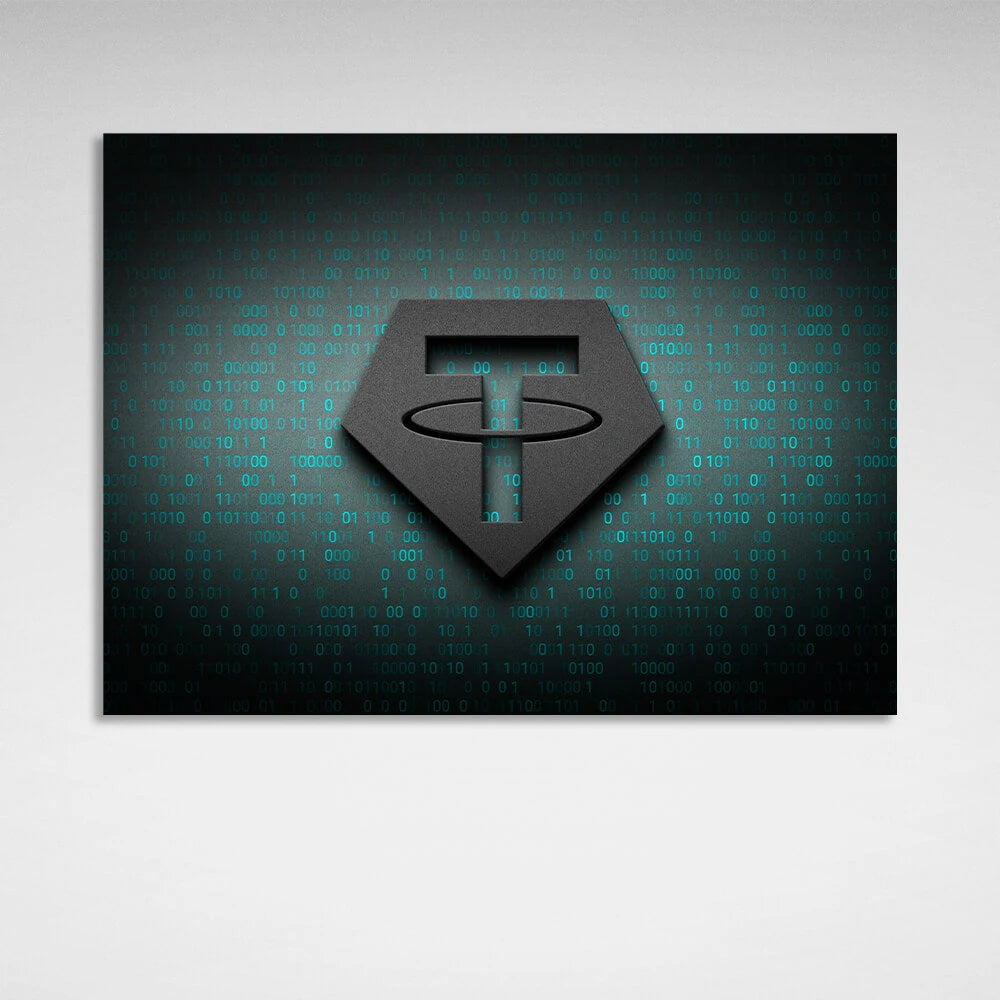 Tezer USDT Logo Binärcode Inspirierender Kunstdruck auf Leinwand