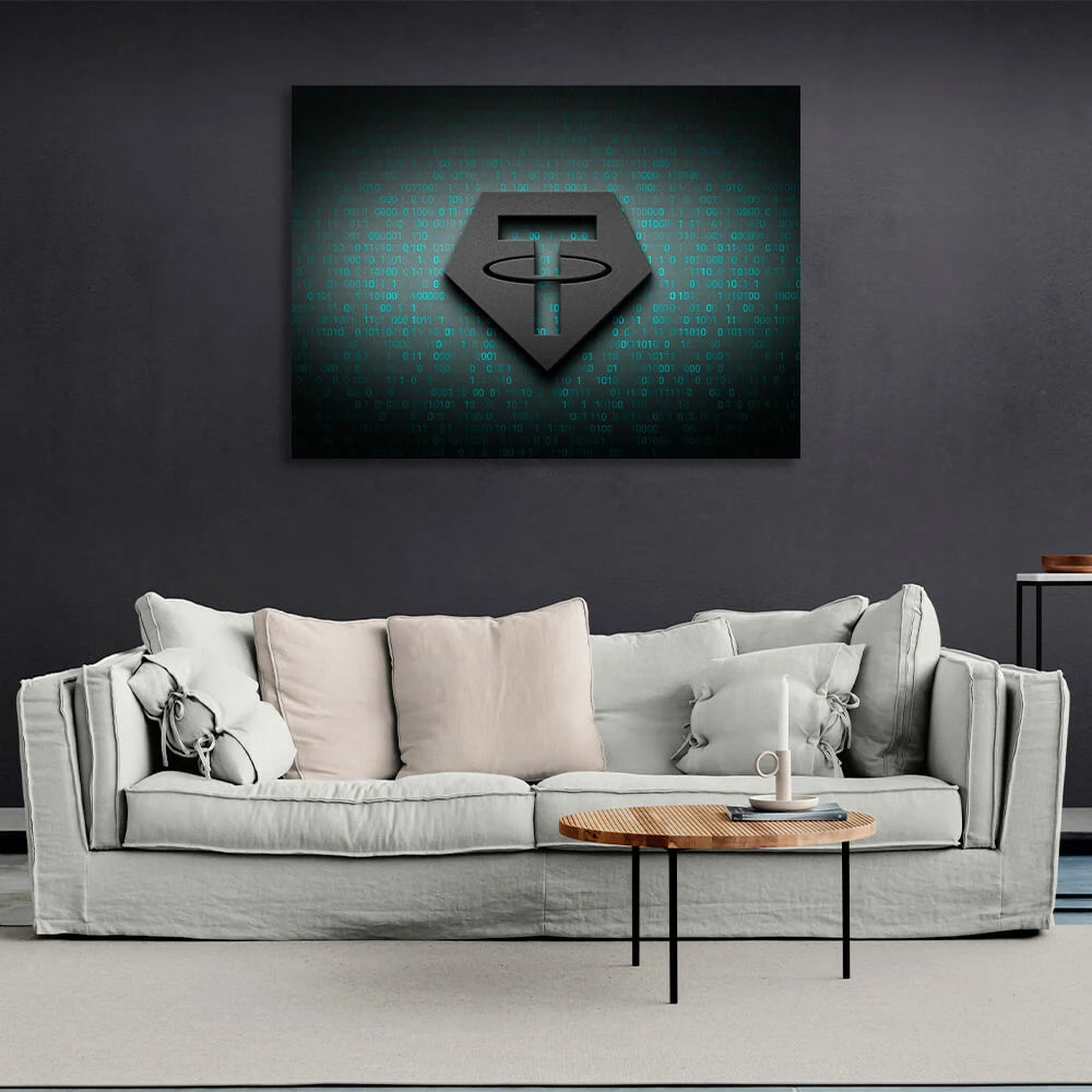 Tezer USDT Logo Binärcode Inspirierender Kunstdruck auf Leinwand