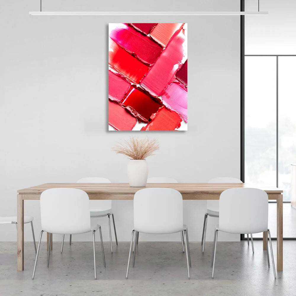 Leinwandbild mit Farbmustern von hellen Lippenstiften auf weißem Hintergrund.