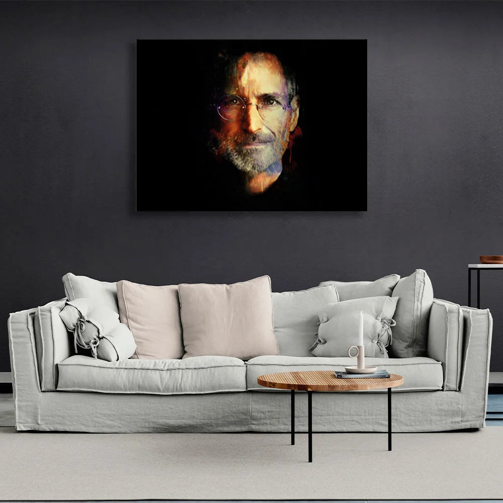 Kunstdruck auf Leinwand mit Steve Jobs auf schwarzem Hintergrund