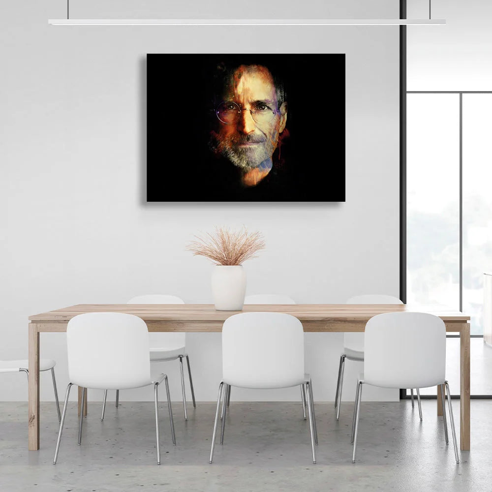 Kunstdruck auf Leinwand mit Steve Jobs auf schwarzem Hintergrund