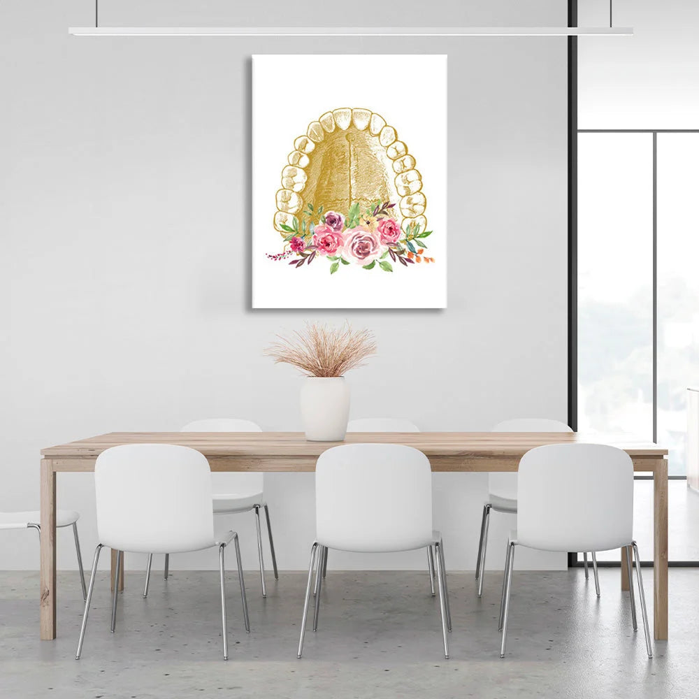 Kunstdruck auf Leinwand mit Zähnen, Blumen auf weißem Hintergrund