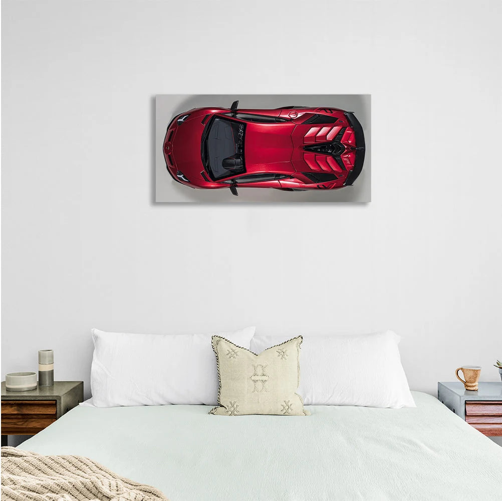Das Auto ist ein kirschroter Lamborghini-Kunstdruck auf Leinwand.