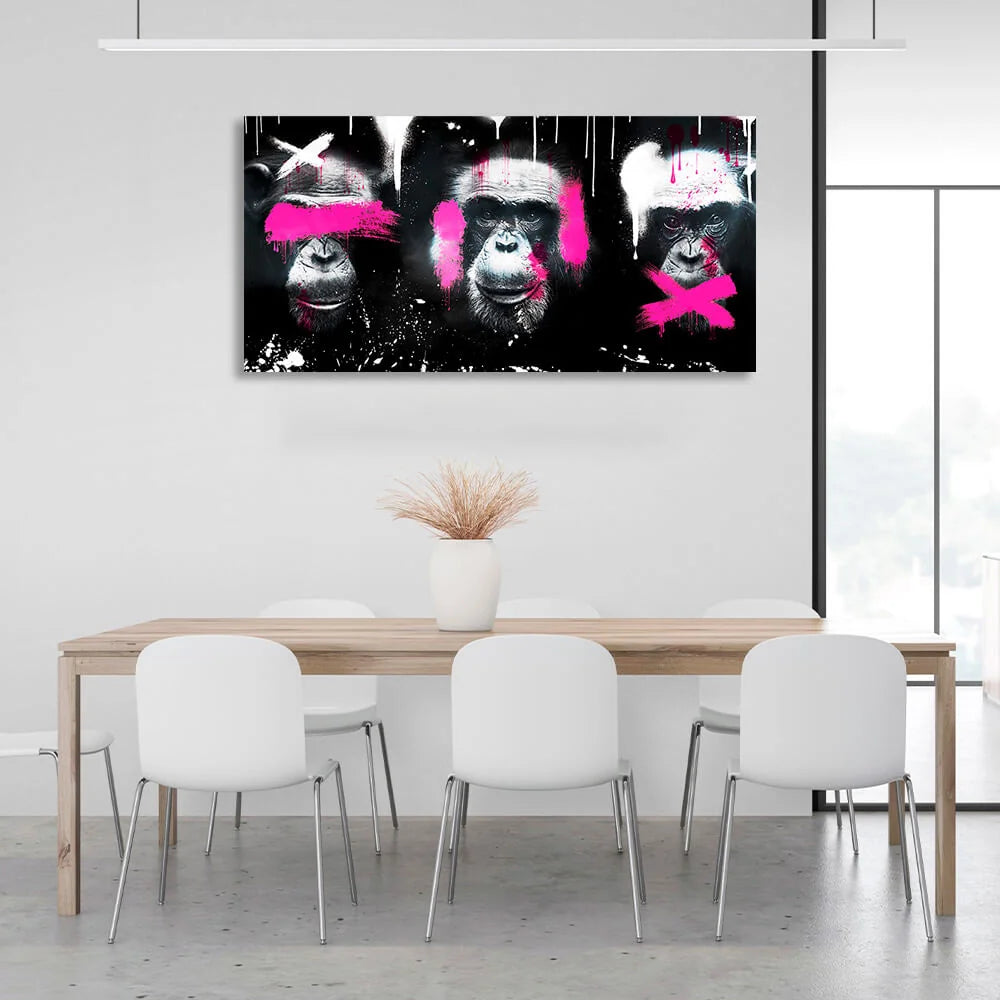 Kunstdruck auf Leinwand, Motiv: Drei Affen auf schwarzem Hintergrund, Weiß und Rosa