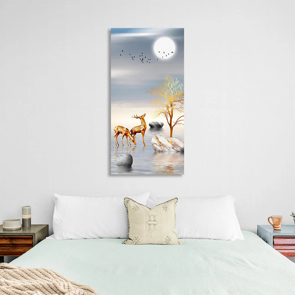 Drei Steine, zwei Hirsche, zwei Vögel und der Mond, abstrakter Kunstdruck auf Leinwand