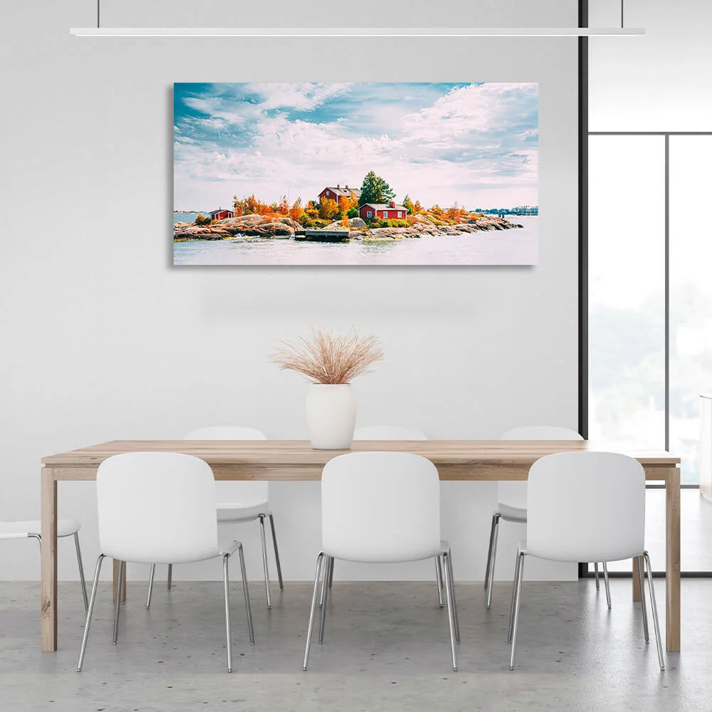 Kunstdruck auf Leinwand, Motiv „Drei kleine Häuser auf einer Klippe im Meer“