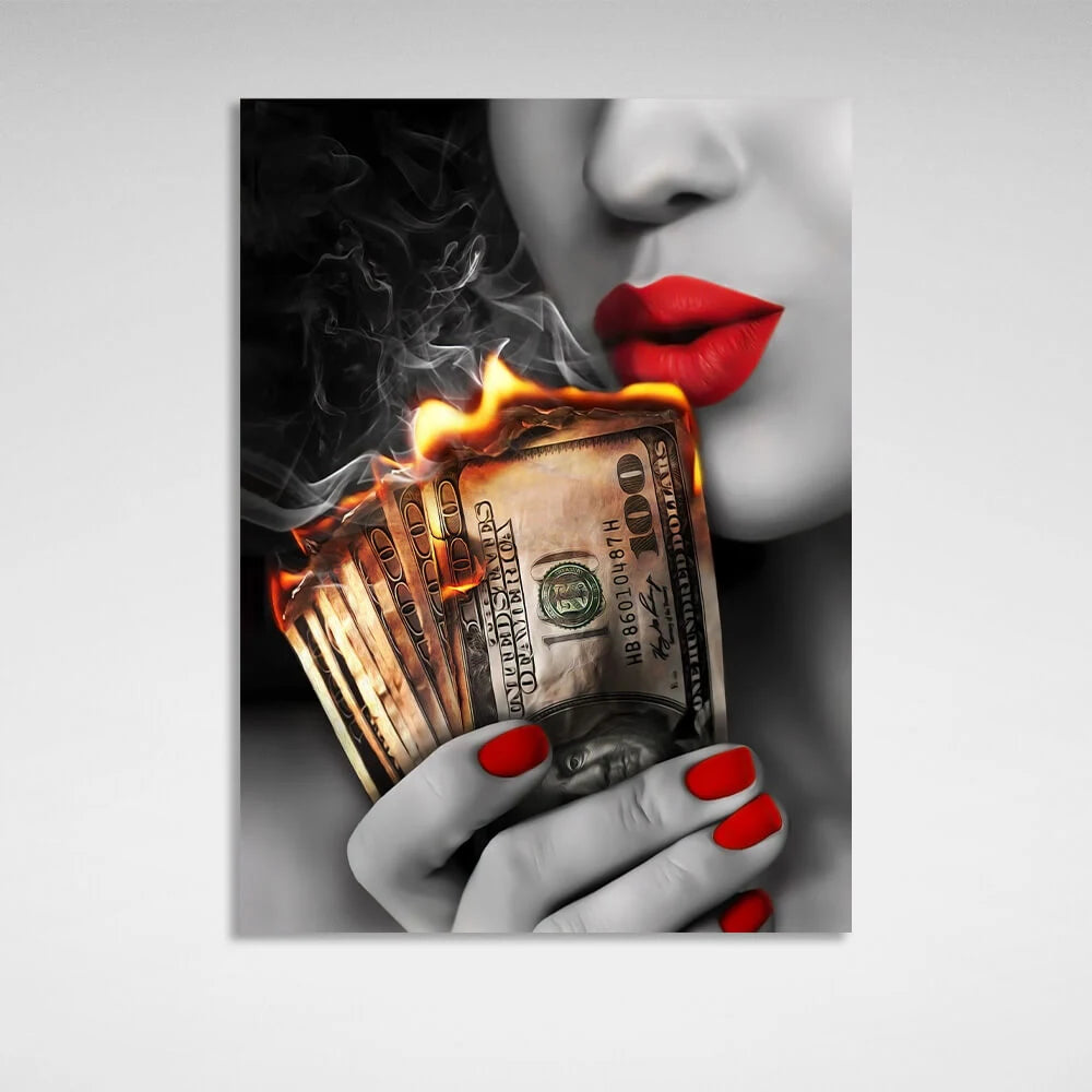 Die Frau mit den brennenden Dollars in der Hand Inspirierender Kunstdruck auf Leinwand