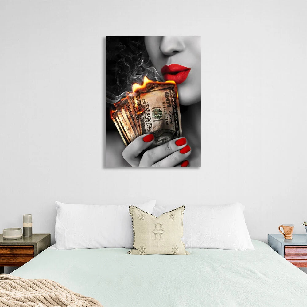 Die Frau mit den brennenden Dollars in der Hand Inspirierender Kunstdruck auf Leinwand