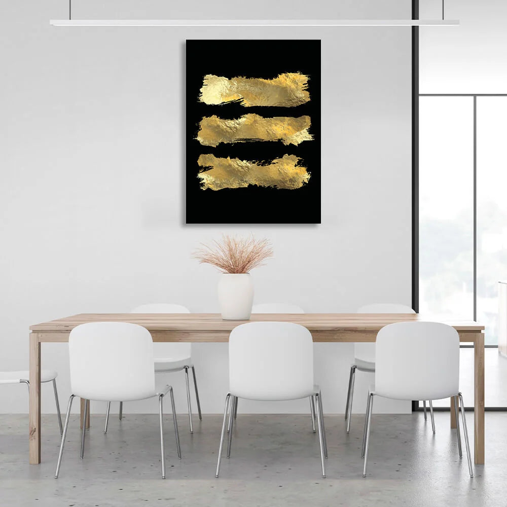 Kunstdruck auf Leinwand mit drei goldenen Linien auf schwarzem Hintergrund