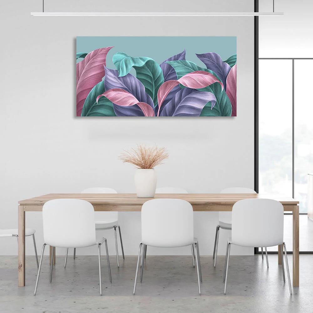 Kunstdruck auf Leinwand mit tropischen Blättern in Grün, Lila und Rosa