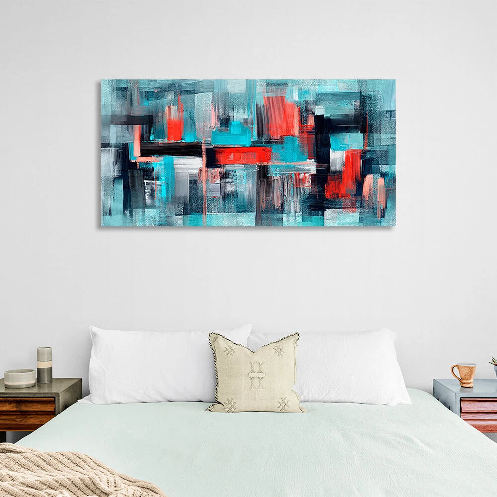 Türkis abstrakt mit roten und schwarzen Details Abstraktion Leinwand Wand Kunstdruck