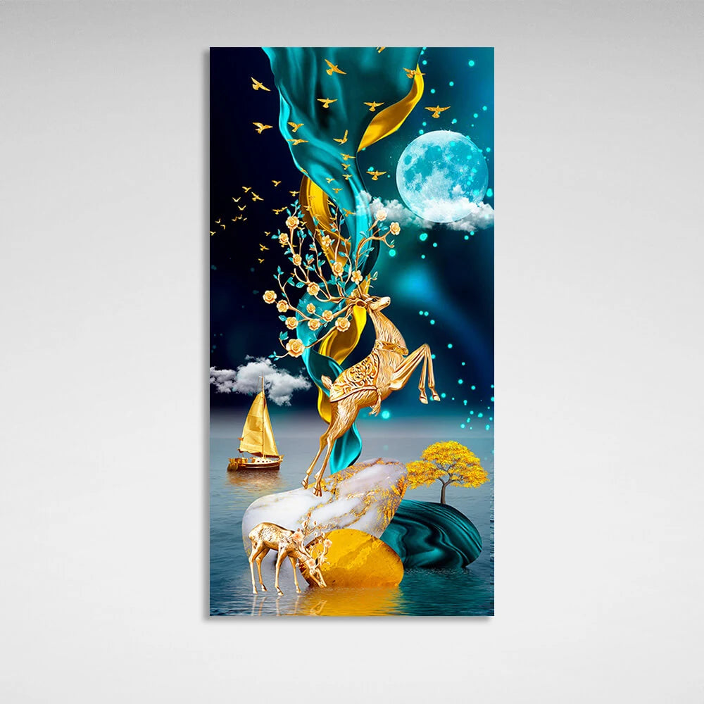 Zwei Hirsche, ein goldenes Boot auf dem Meer und ein blauer Mond, abstrakter Kunstdruck auf Leinwand