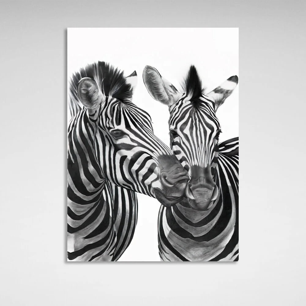 Two zebras black and white Canvas Wall Art Print
