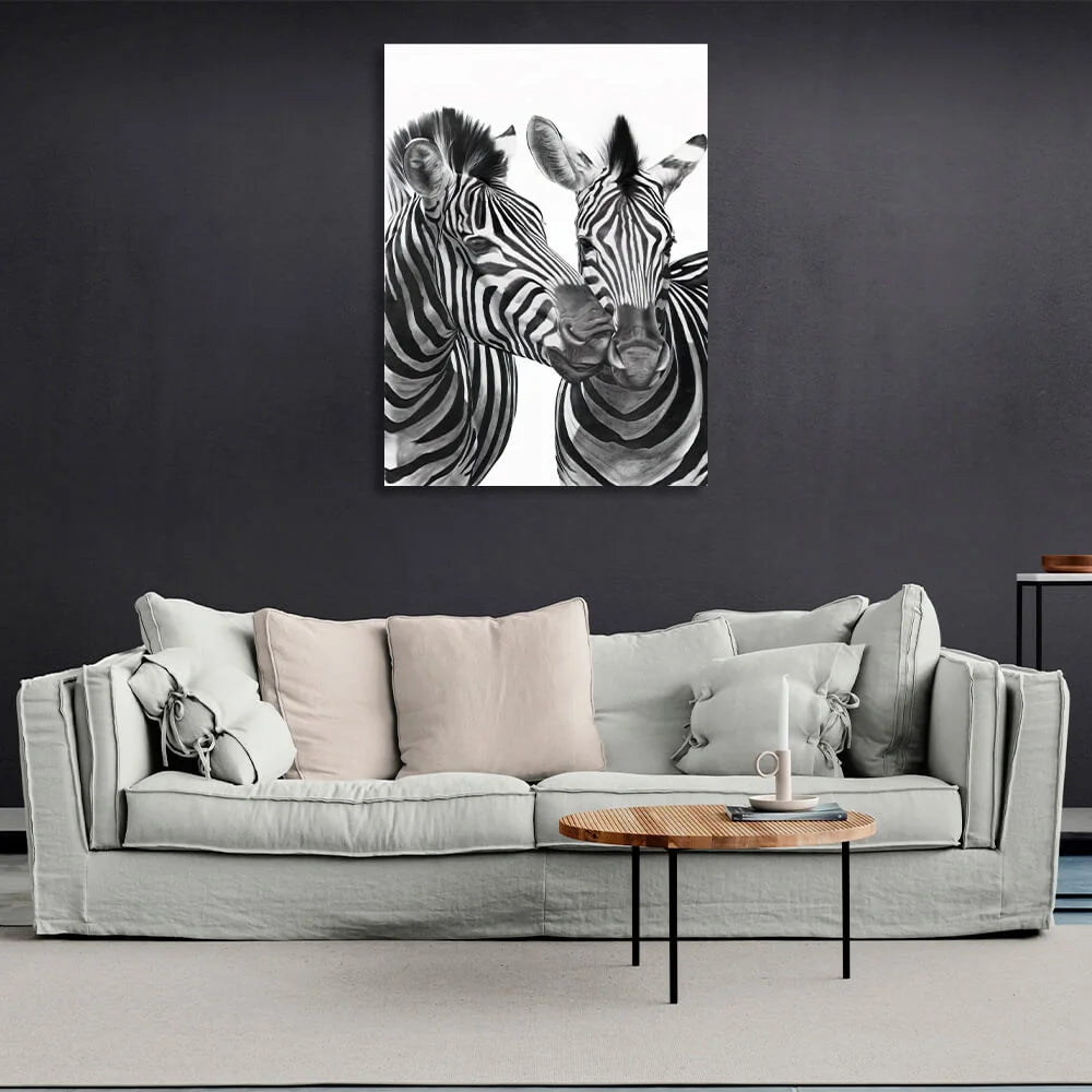 Two zebras black and white Canvas Wall Art Print