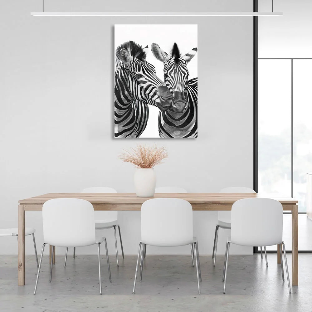Two zebras black and white Canvas Wall Art Print