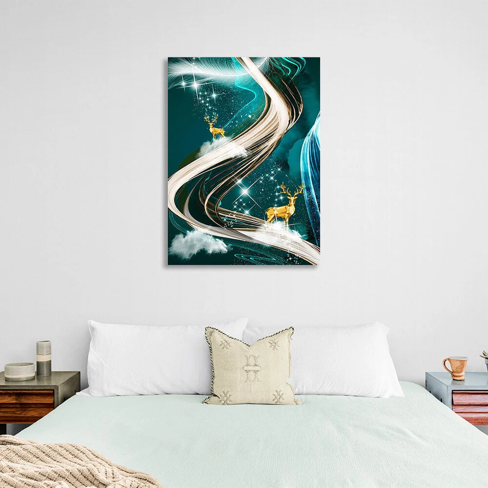 Two golden deer against a green background Abstraction Canvas Wall Art Print