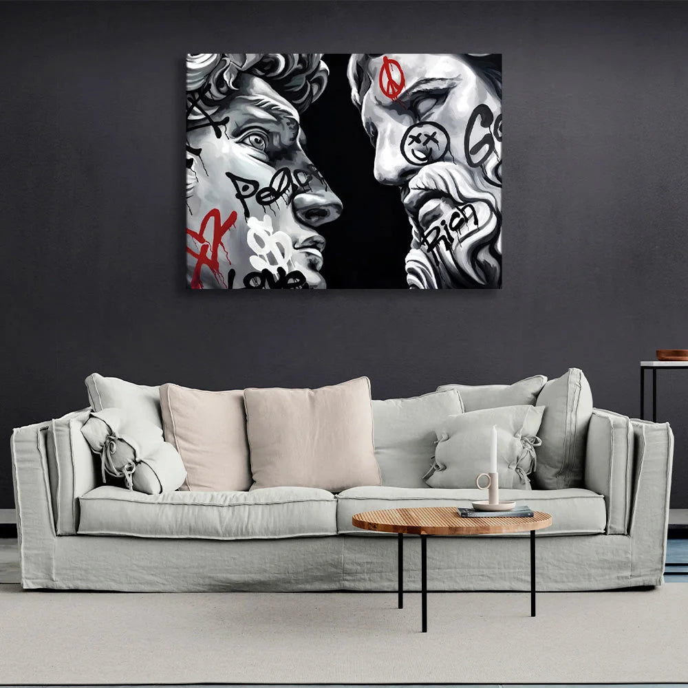 Leinwandbild „Zwei griechische Skulpturen auf schwarzem Hintergrund“