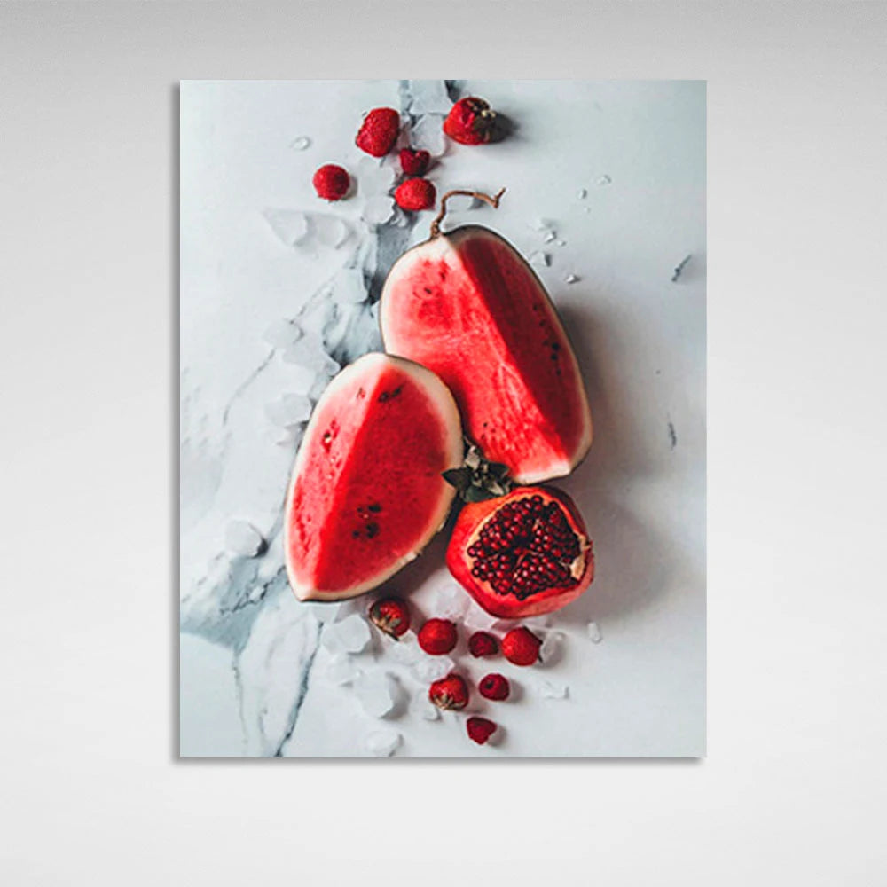 Two pieces of watermelon pomegranate and strawberries on the table Canvas Wall Art Print For Kitchen