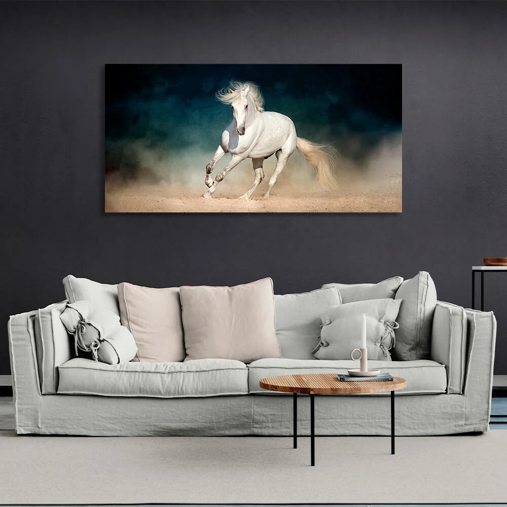 Weißes Pferd auf einem rauchigen Hintergrund Leinwand Wand Kunstdruck