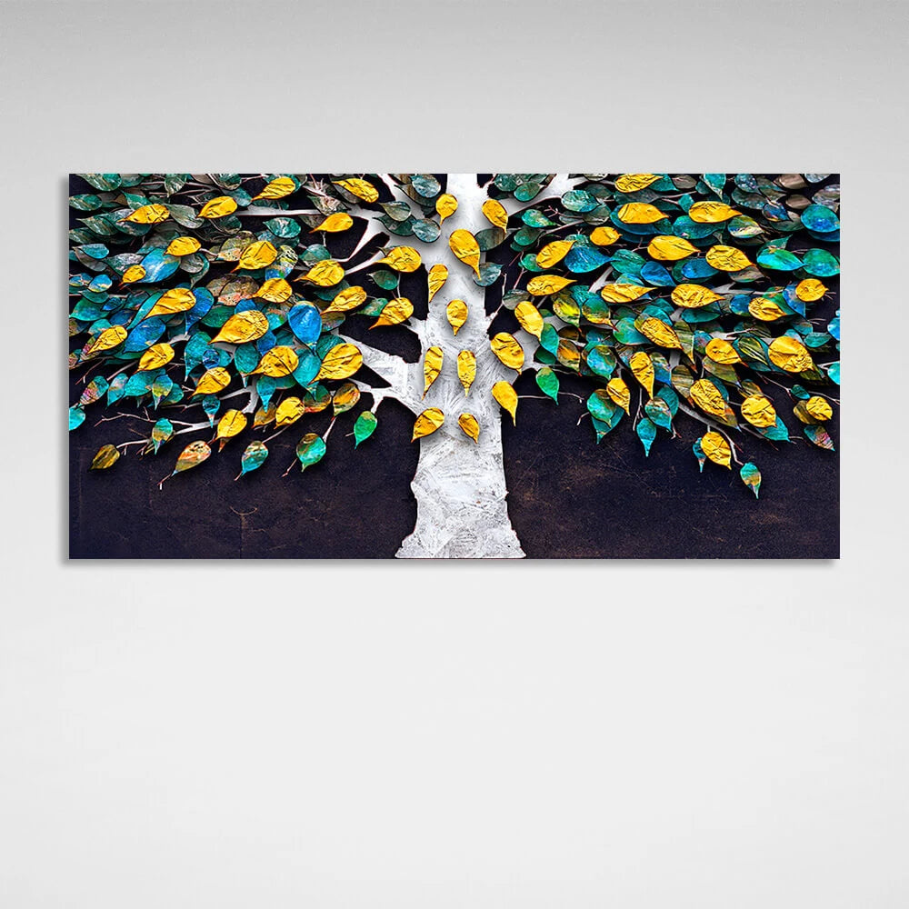 Kunstdruck auf Leinwand, weiß, mit gelben und grün-blauen Blättern auf braunem Hintergrund