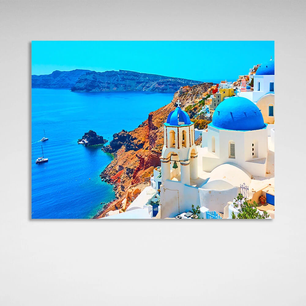 Blick auf Santorini Tira – blaue Kuppeln, traditionelle weiße Häuser, Leinwand-Kunstdruck