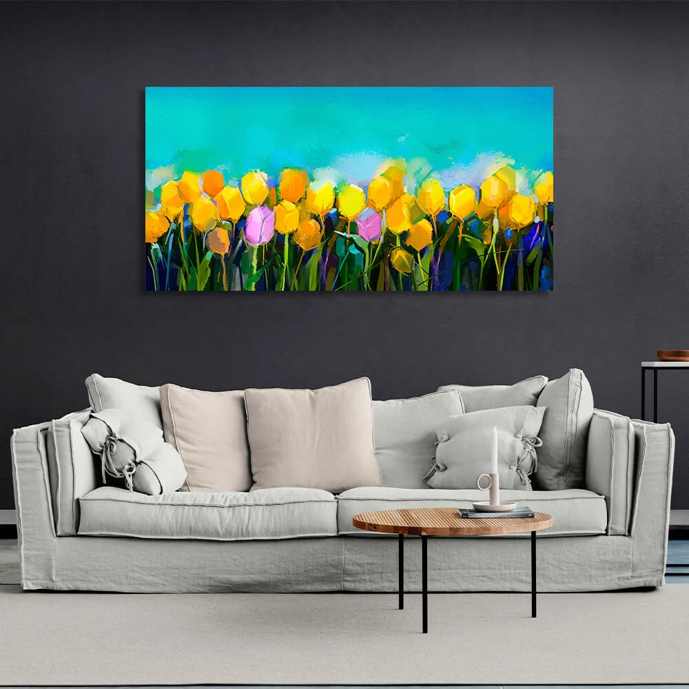 Kunstdruck auf Leinwand mit gelben Blumen auf blauem Hintergrund