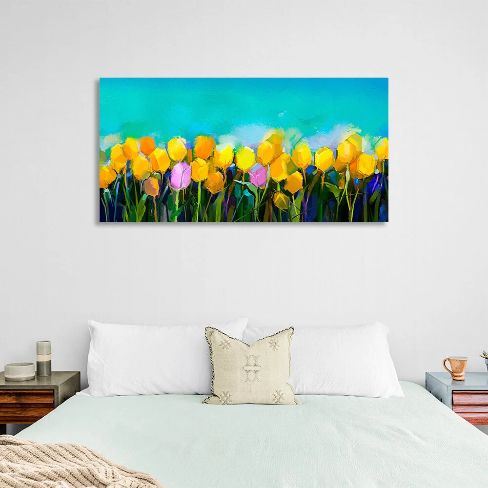 Kunstdruck auf Leinwand mit gelben Blumen auf blauem Hintergrund