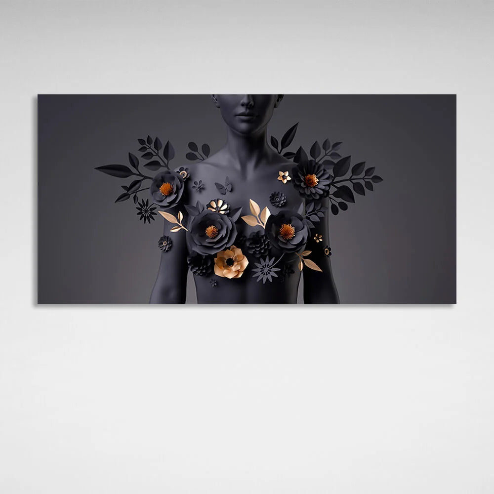 Kunstdruck auf Leinwand „Frau mit schwarzen und goldenen Blumen auf der Brust auf schwarzem Hintergrund“