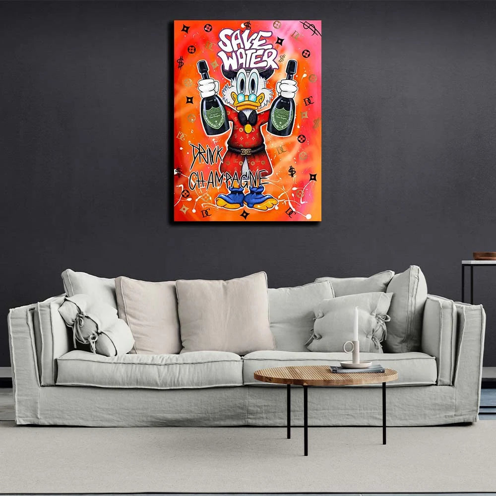 Scrooge graffiti street art save the water, drink the champagne Motivational Canvas Wall Art Print