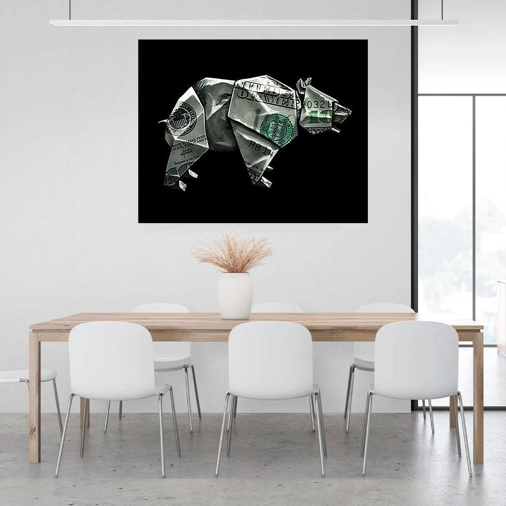 Money Bear Origami Canvas Art - Unique Financial Statement for Modern Spaces