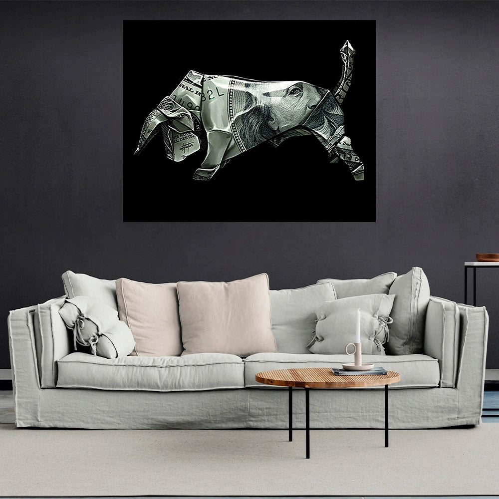 Money bull Origami Canvas Art - Creative Financial Flair for Contemporary Decor