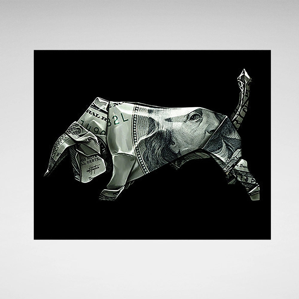 Money bull Origami Canvas Art - Creative Financial Flair for Contemporary Decor