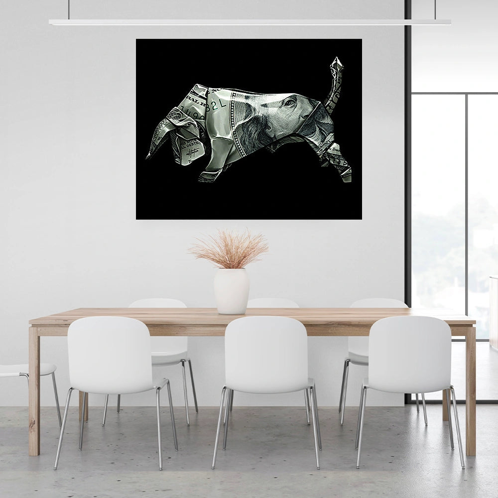 Money bull Origami Canvas Art - Creative Financial Flair for Contemporary Decor
