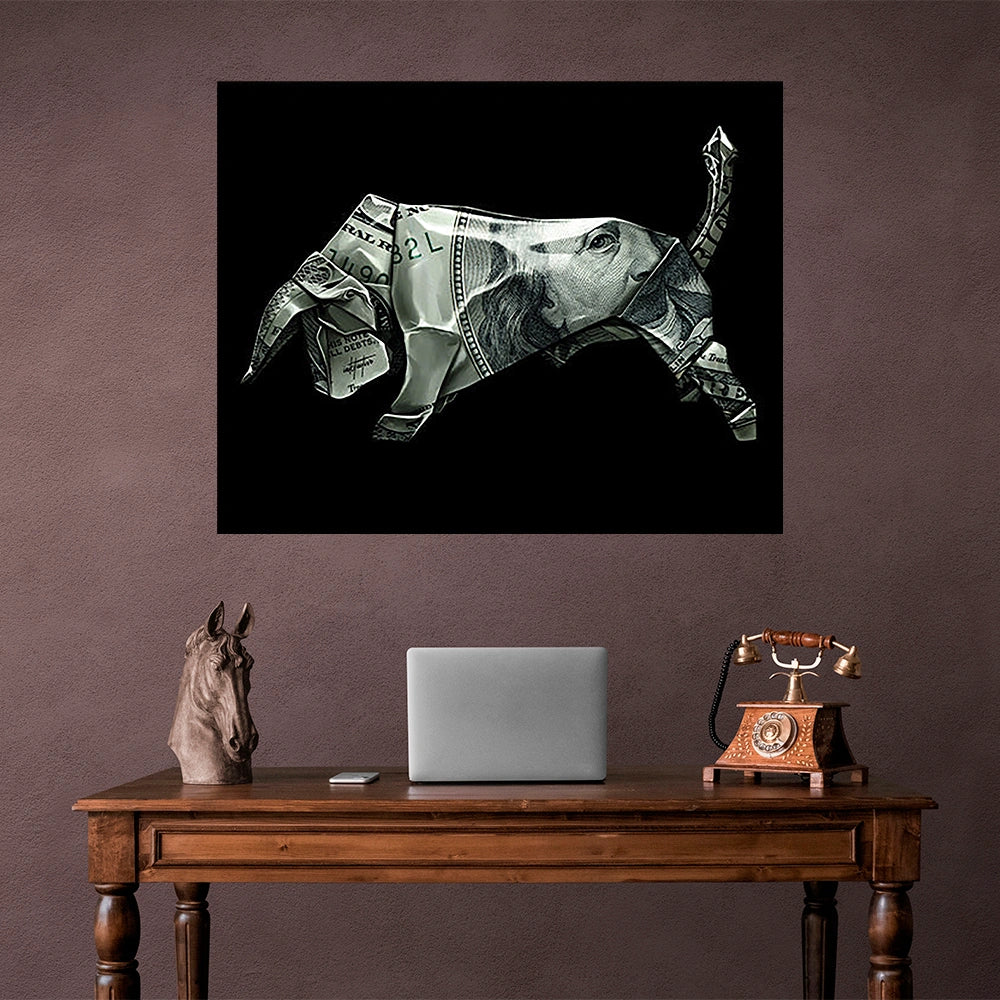 Money bull Origami Canvas Art - Creative Financial Flair for Contemporary Decor